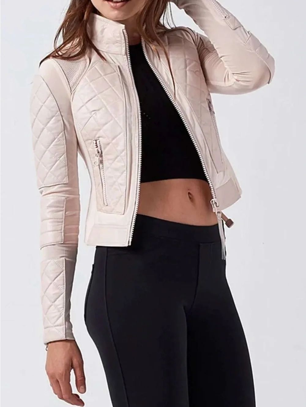 blanc noir Quilted lamb leather/ meshCropped Bomber Jacket in Pale Pink, S